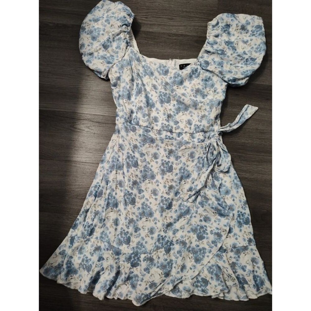 Trixxi women's blue white mini floral dress wrap ruched puff sleeves S